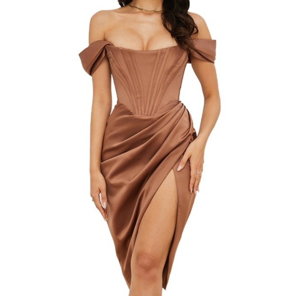 LOEL Off Shoulder High Split Long Formal Party Dress Evening Gown in Copper S